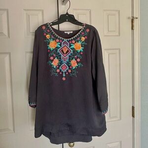 Embroidered Black Boho Tunic Top - John Mark Size L.